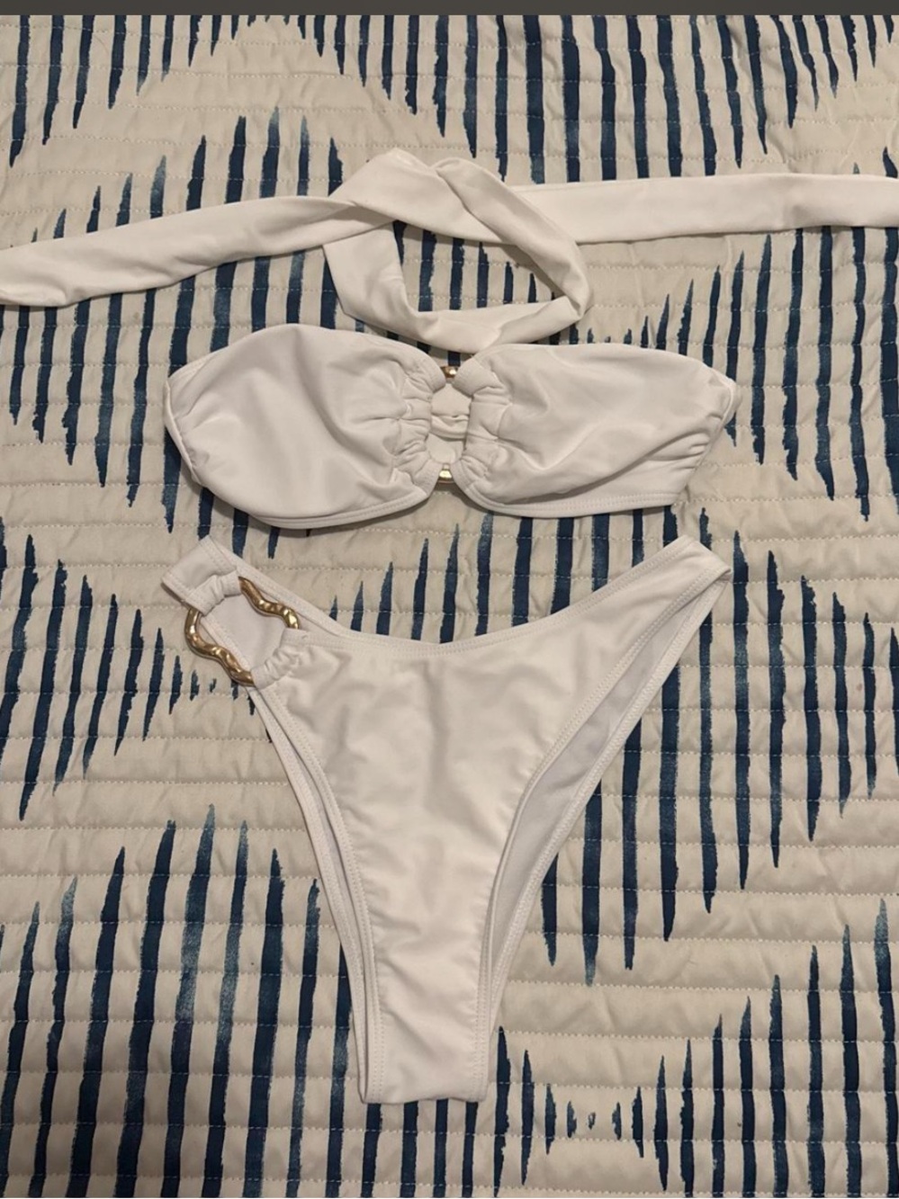 White Bandeau Bikini Set with Gold Accent - Women Swim